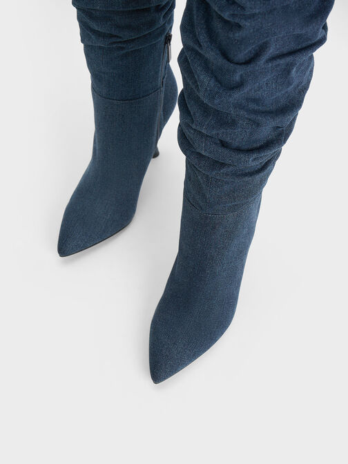 Aster Denim Ruched Knee-High Boots, Blue, hi-res