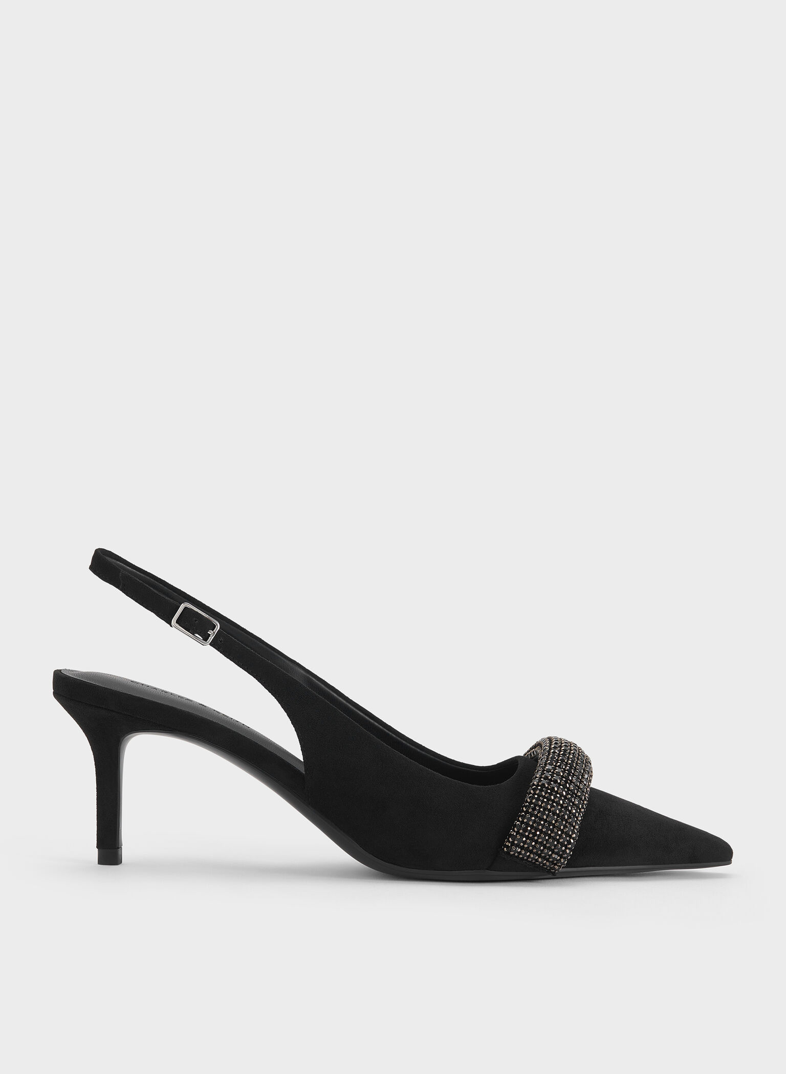 Faux Suede Crystal-Embellished Pointed-Toe Slingback Pumps, Black Textured, hi-res