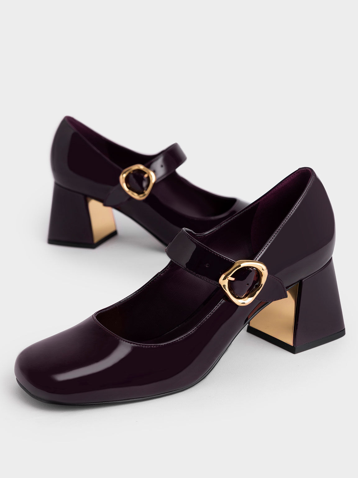 Maroon Patent Buckled Mary Jane Pumps - CHARLES & KEITH UK