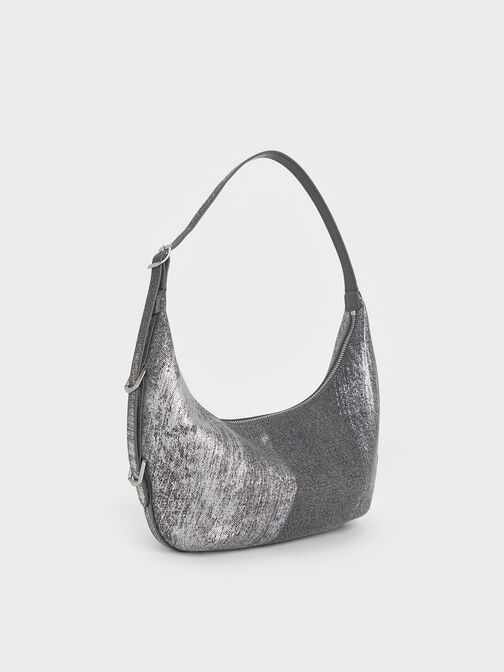 Bryna Denim Curved Hobo Bag, Silver Brushed Denim, hi-res