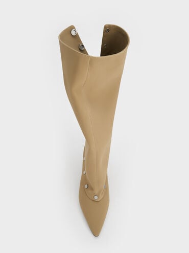 Gael Twill Studded Convertible Kitten-Heel Knee-High Boots, Beige, hi-res