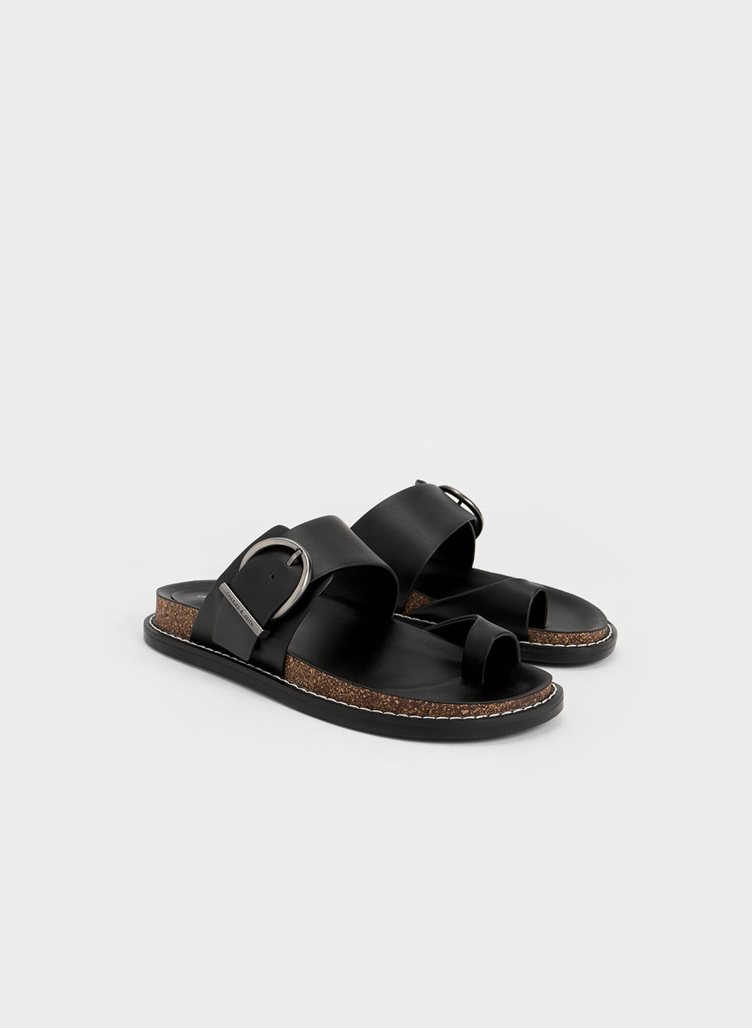 Metallic Buckle Toe-Ring Sandals, Black, hi-res