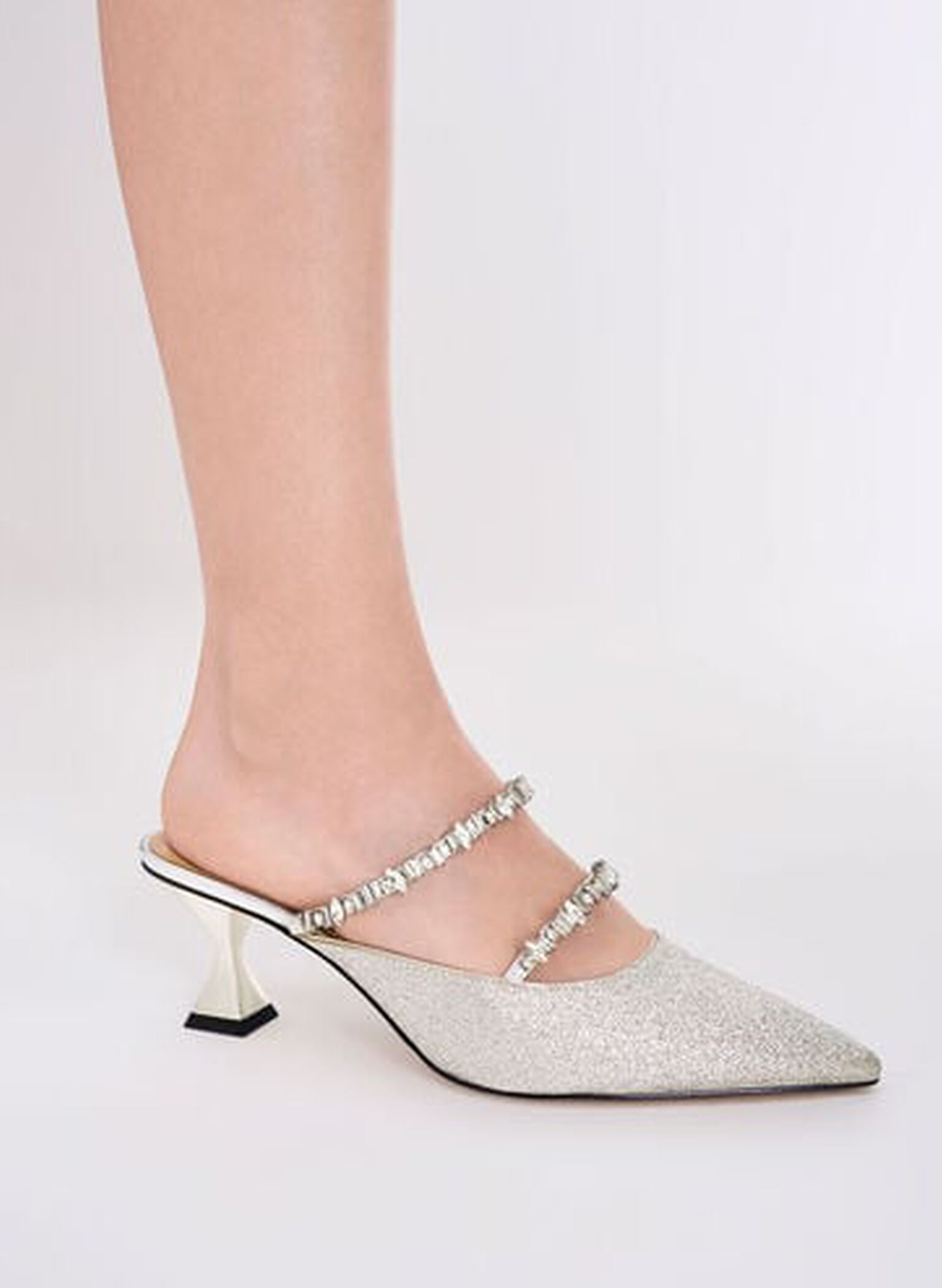 Wedding Collection: Gem-Encrusted Metallic Glittered Mules, Silver, hi-res