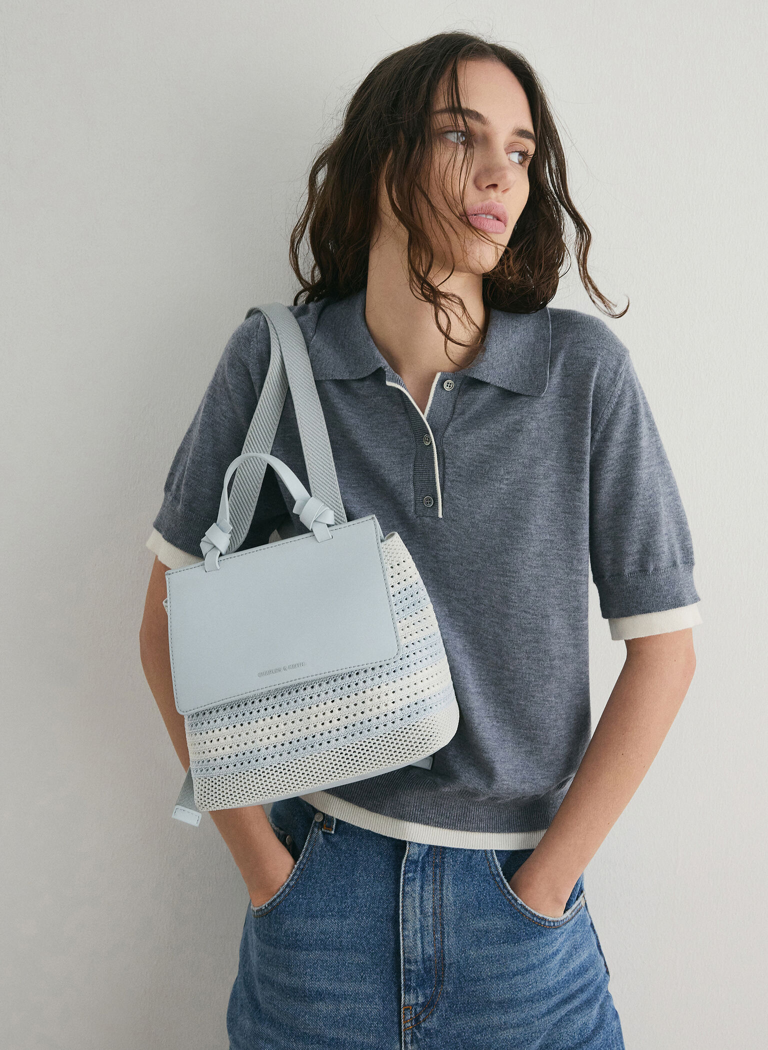 Girls' Ida Knitted Checkered Backpack, Sea Salt Blue, hi-res
