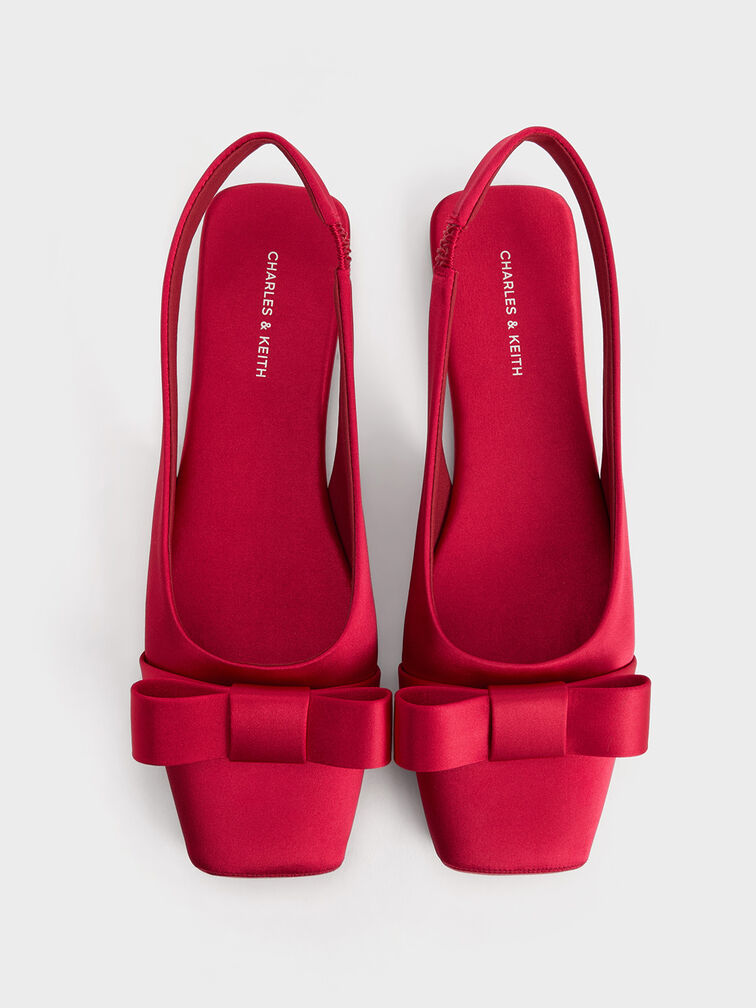 Satin Bow Slingback Ballet Flats, Red, hi-res