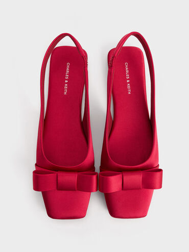 Satin Bow Slingback Ballet Flats, Red, hi-res