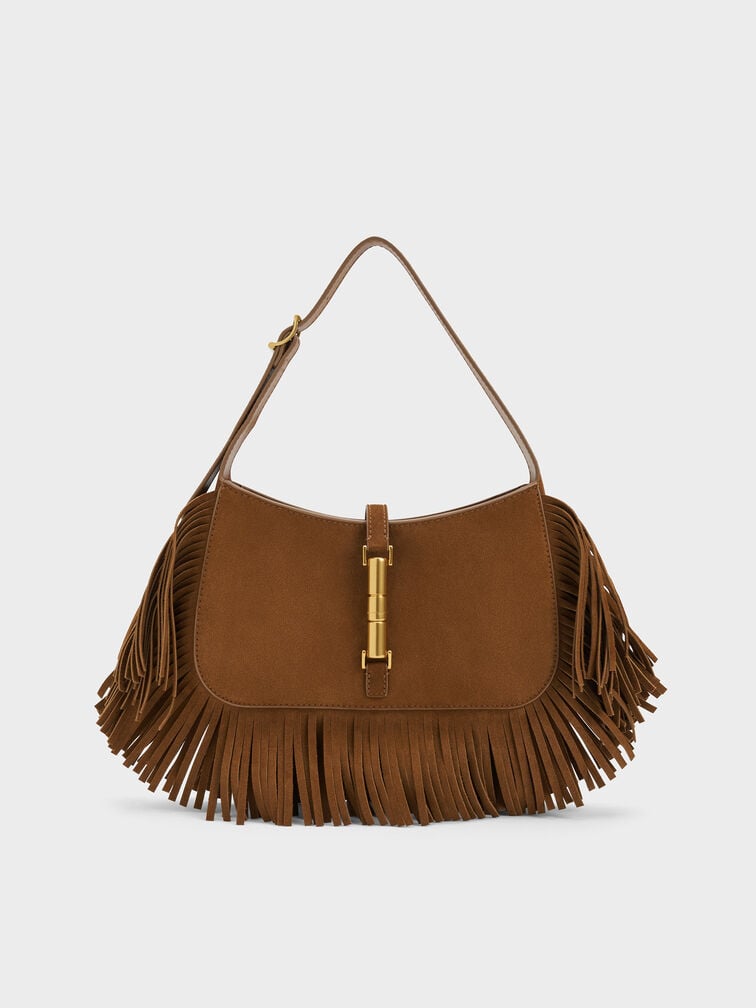 Cesia Recycled Suede Metallic-Accent Fringed Shoulder Bag, Sienna Brown, hi-res