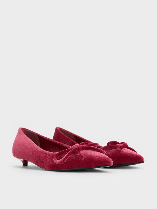 Velvet Bow Pointed-Toe Flats, Pink, hi-res