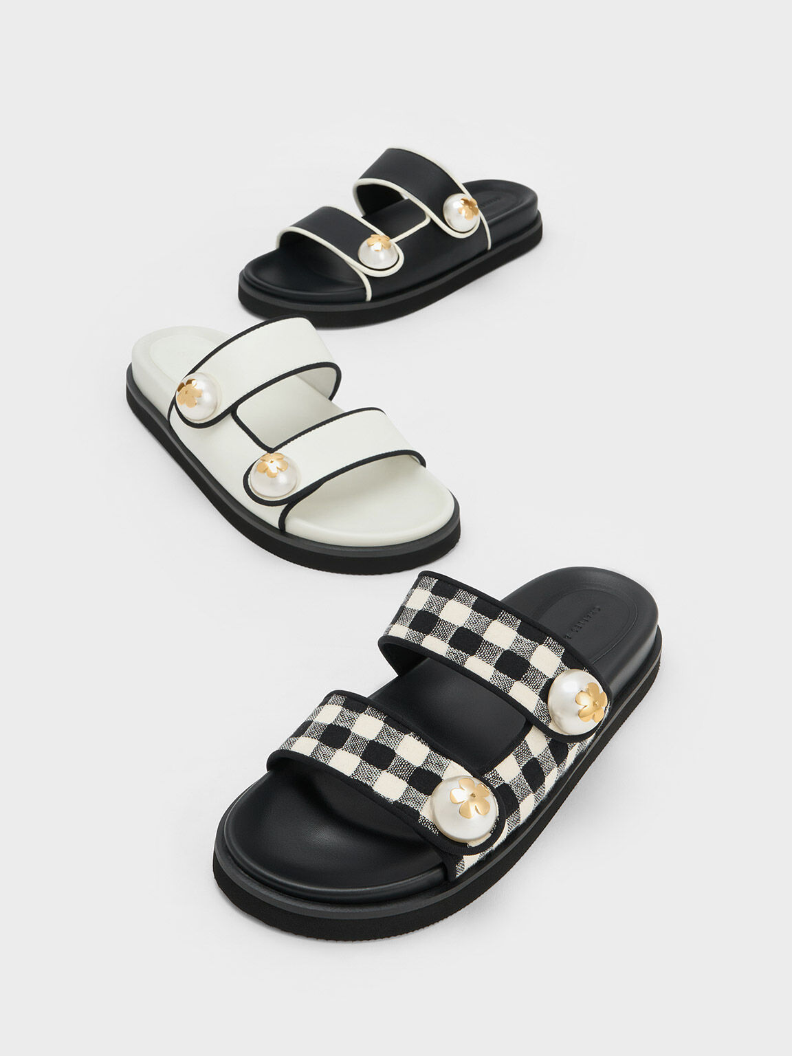 Black Pearl Embellished Contrast Trim Slides CHARLES KEITH UK