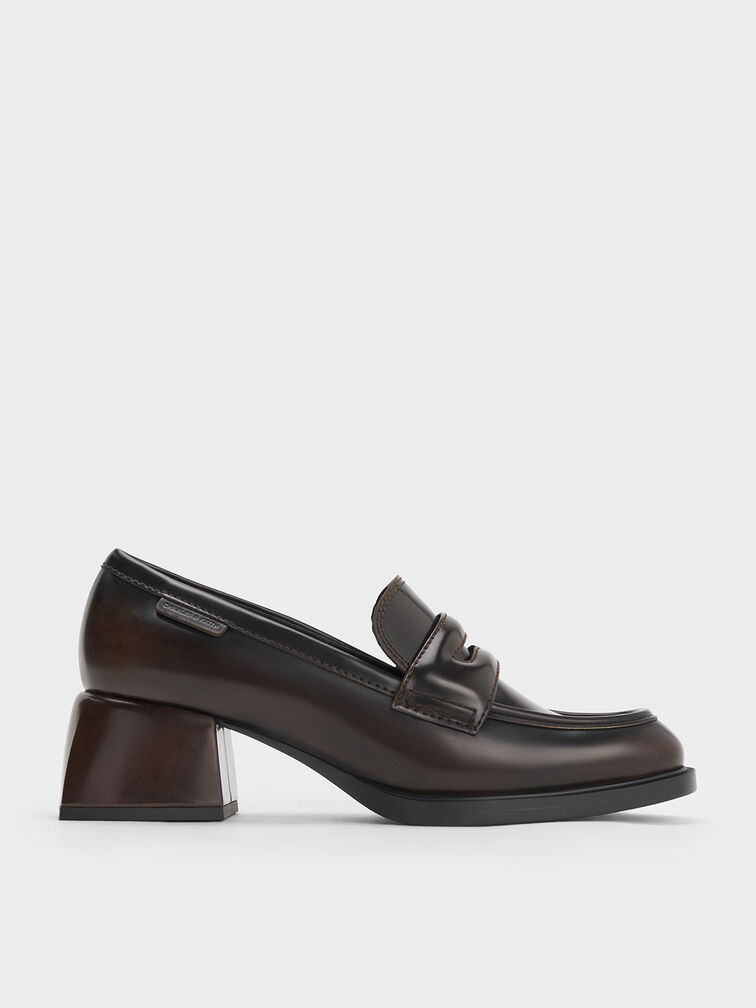 Penny Loafer Trapeze-Heel Pumps, Brown, hi-res