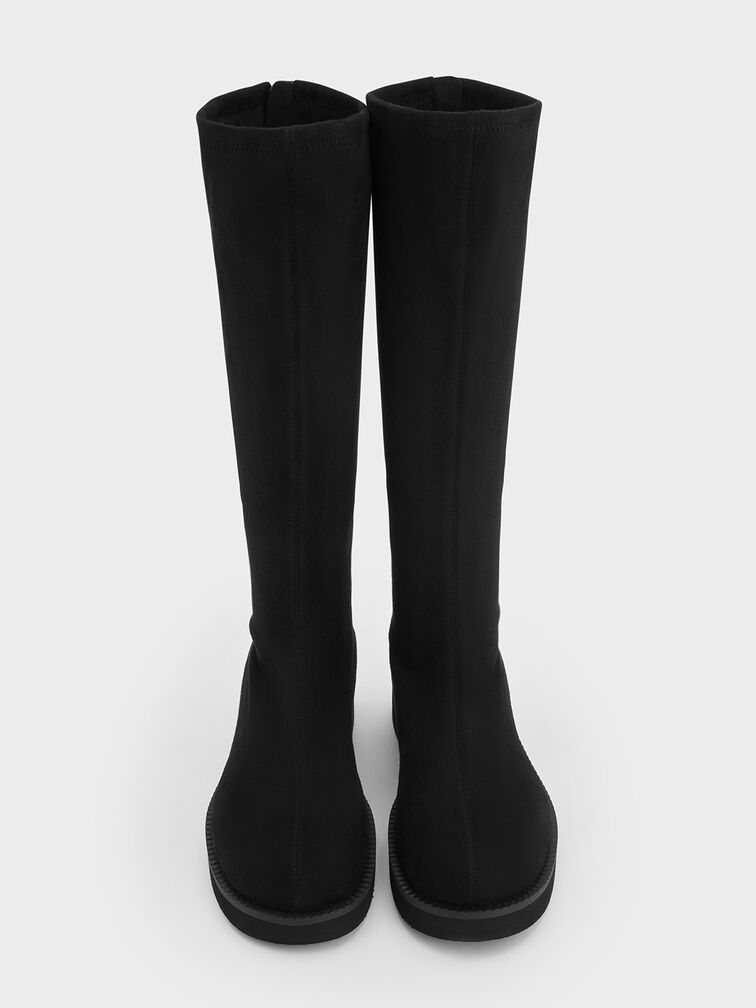 Faux Suede Chunky-Sole Knee-High Boots, Black Textured, hi-res