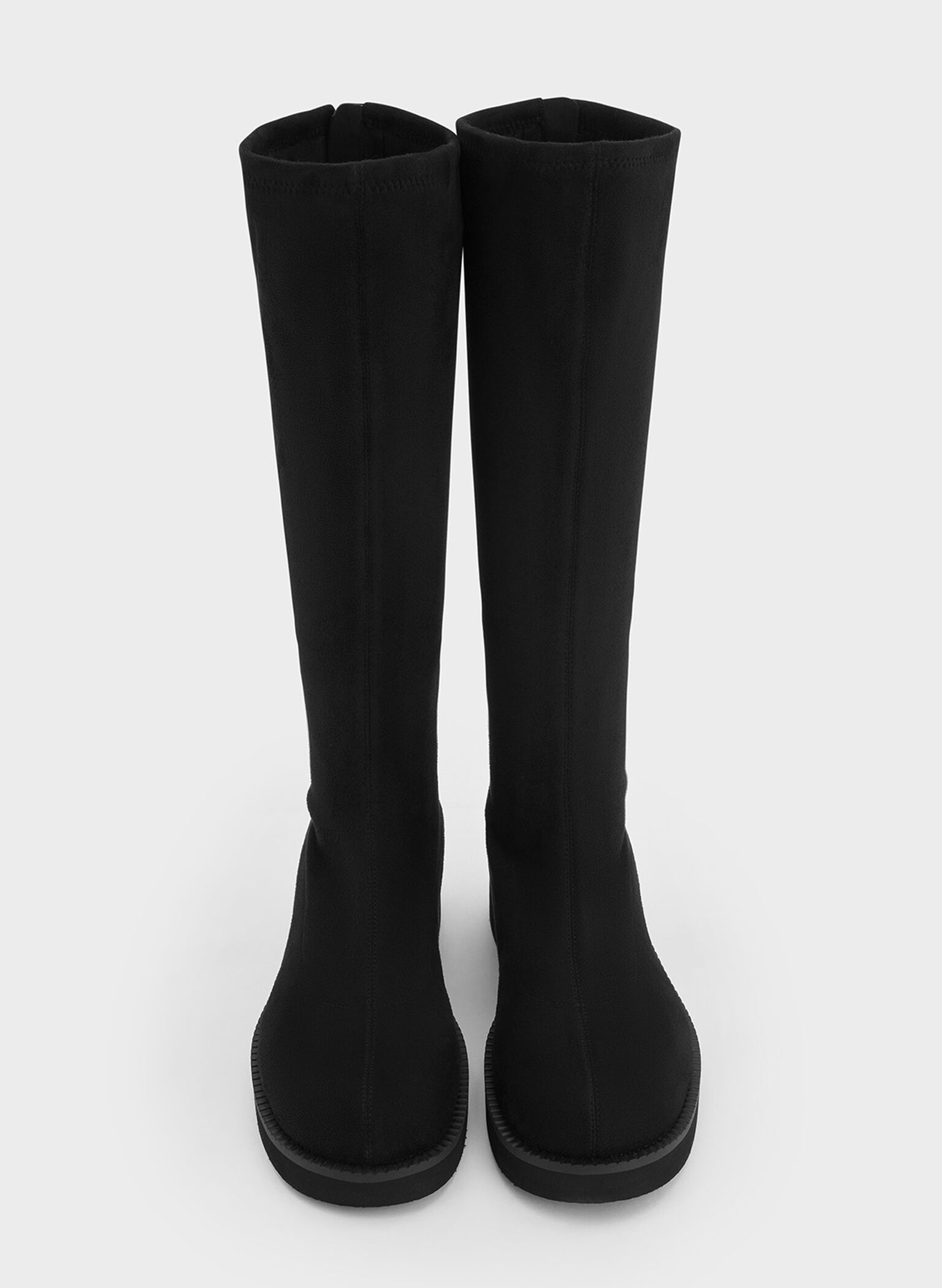 Faux Suede Chunky-Sole Knee-High Boots, Black Textured, hi-res