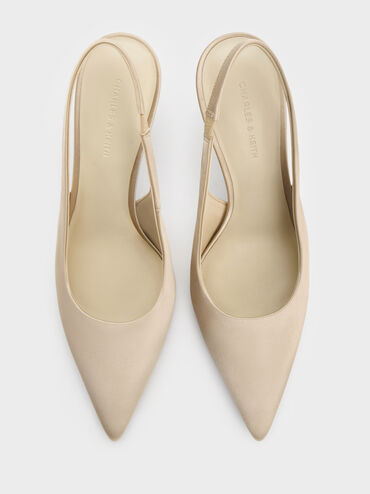 Satin Crystal-Embellished Ball-Heel Pointed-Toe Slingback Pumps, Gold, hi-res