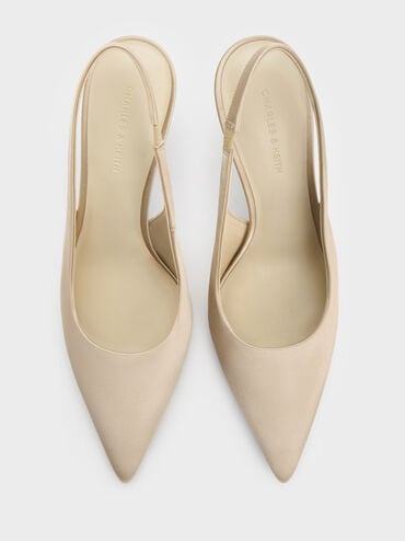 Satin Crystal-Embellished Ball-Heel Pointed-Toe Slingback Pumps, Gold, hi-res