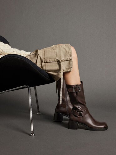 Kirke Buckled Mid-Calf Biker Boots, Dark Brown, hi-res