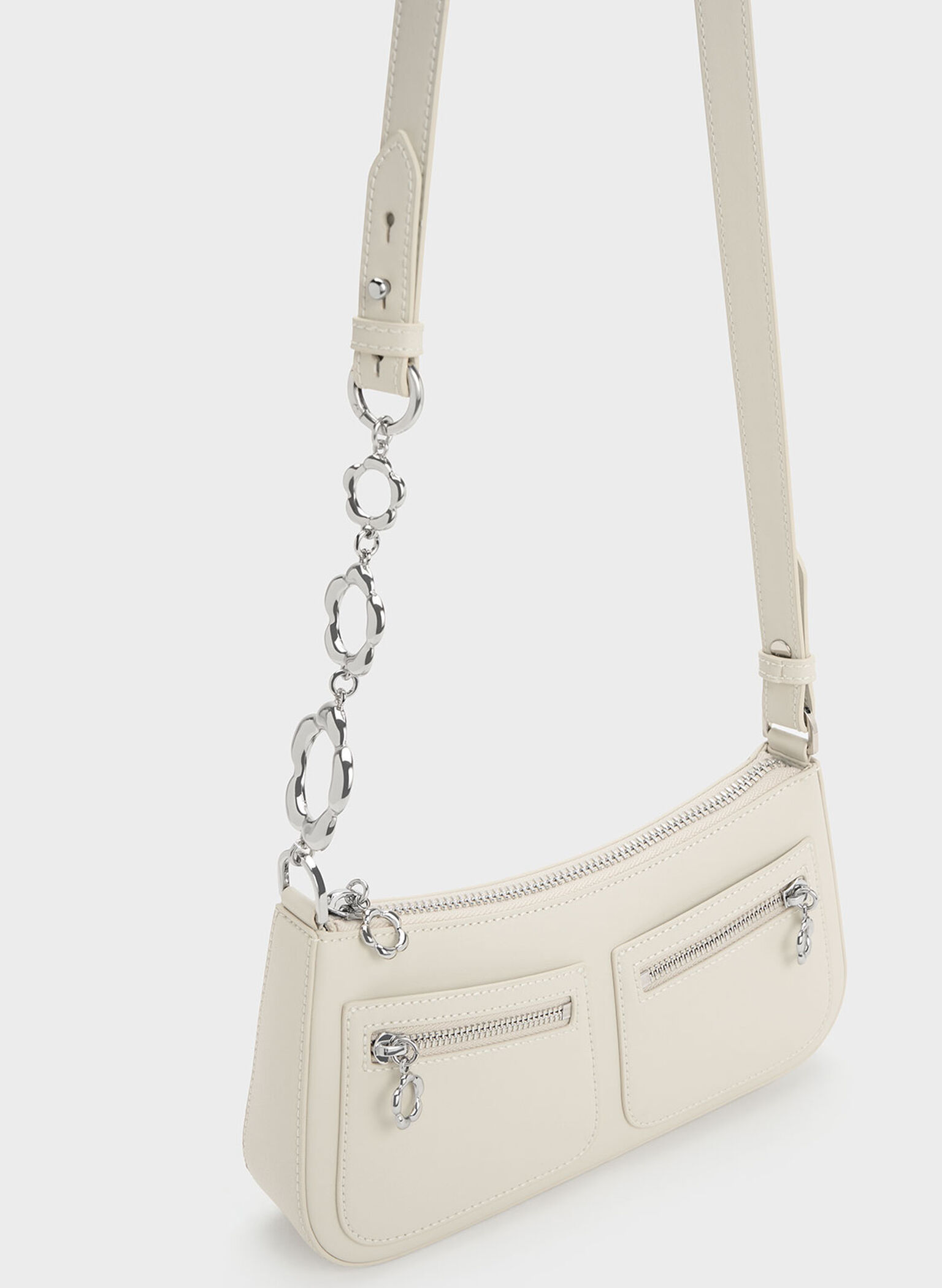 Flower-Embellished Shoulder Bag, Chalk, hi-res