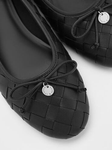 Woven Bow Ballet Flats, Black, hi-res