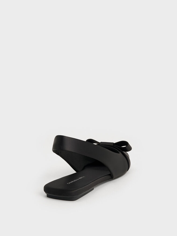 Satin Bow Slingback Ballet Flats, Black Textured, hi-res