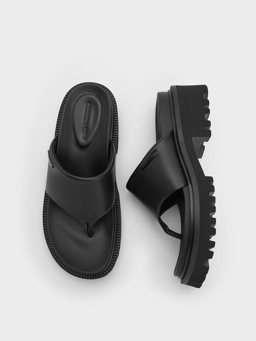 Padded Ridged-Sole Thong Sandals, Black, hi-res