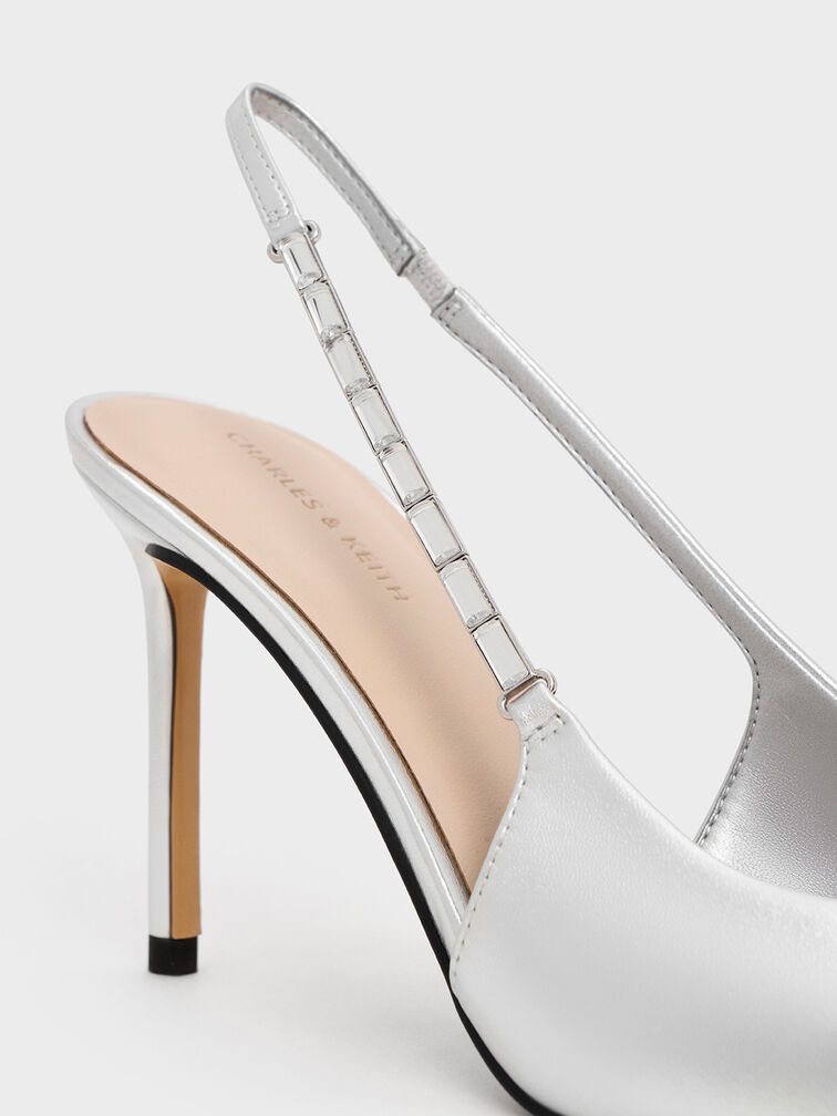 Metallic Embellished-Strap Pointed-Toe Slingback Pumps, Silver, hi-res