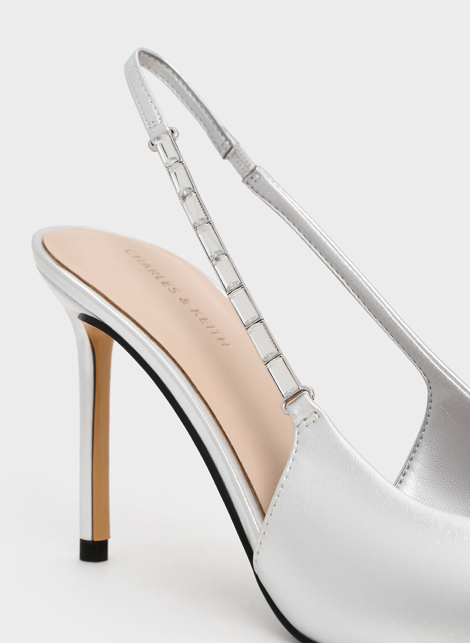 Metallic Embellished-Strap Pointed-Toe Slingback Pumps, Silver, hi-res