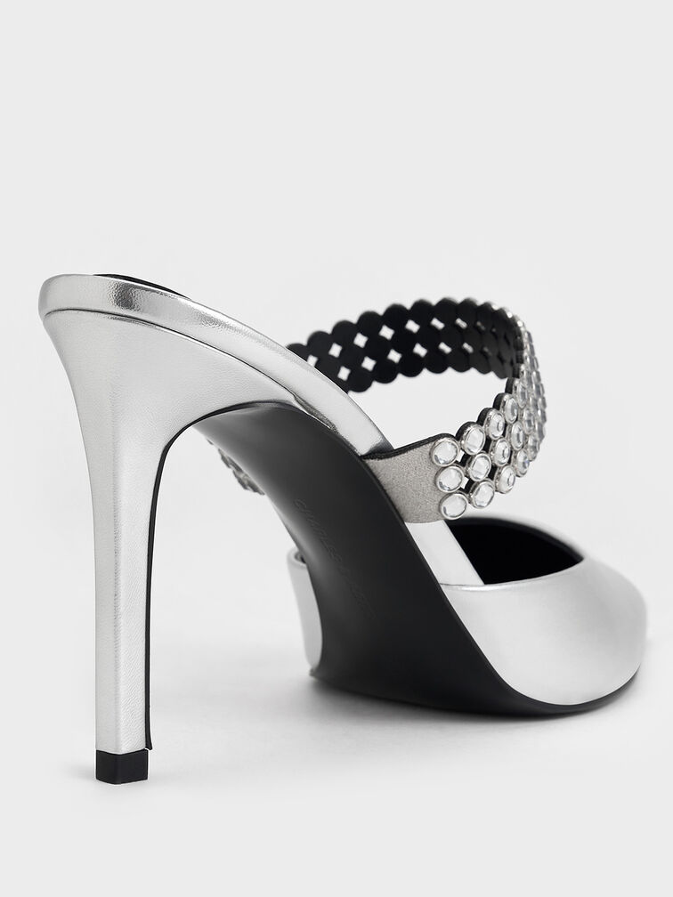 Patent Crystal-Embellished Heeled Mules, Silver, hi-res