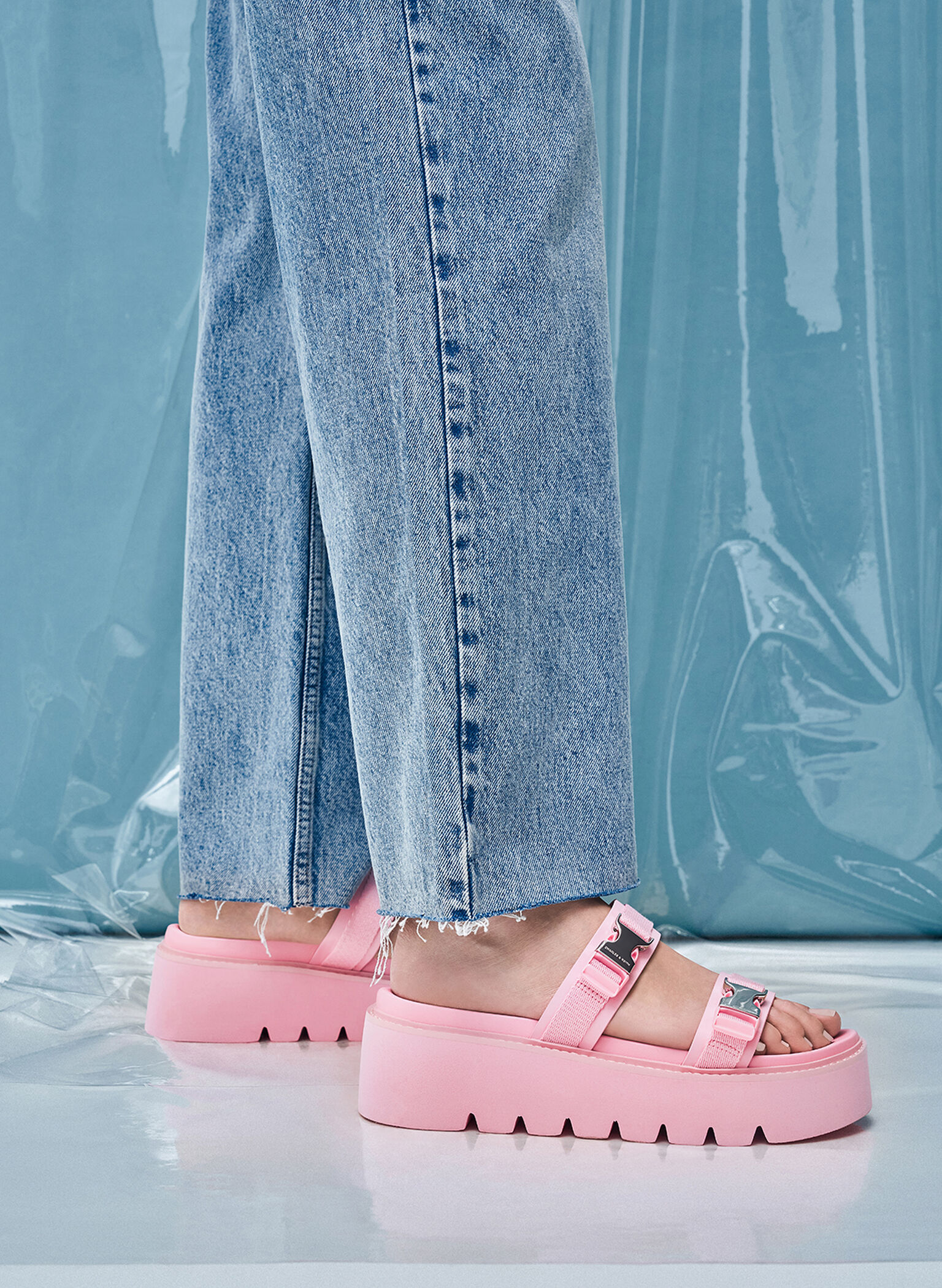 Laine Metallic-Buckle Flatform Sandals, Light Pink, hi-res