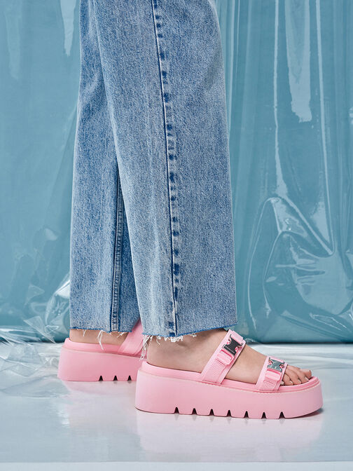 Laine Metallic-Buckle Flatform Sandals, Light Pink, hi-res