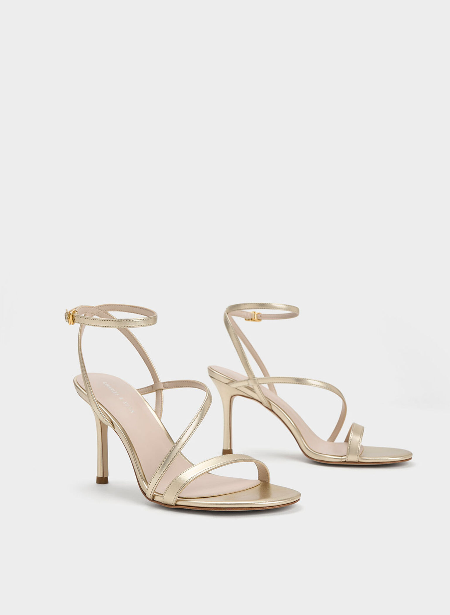 Metallic Asymmetric Strappy Heeled Sandals, Gold, hi-res