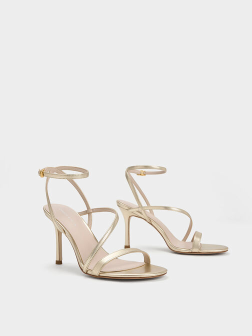 Metallic Asymmetric Strappy Heeled Sandals, Gold, hi-res