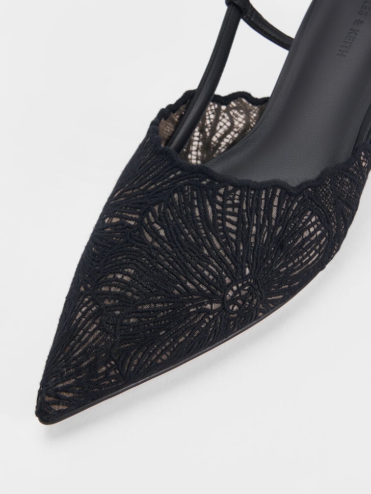 Crochet Floral Pointed-Toe Slingback Pumps, Black Textured, hi-res