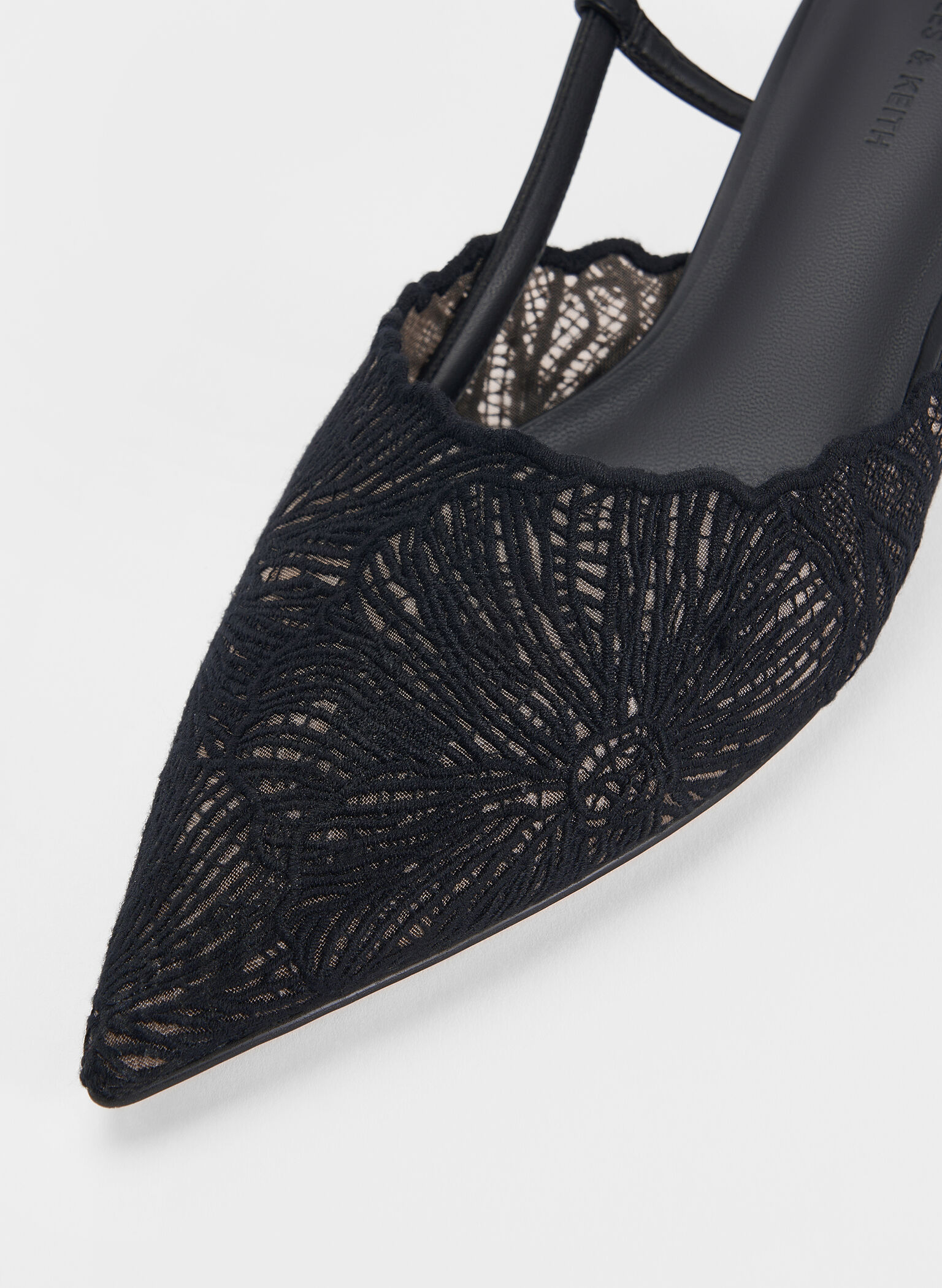Crochet Floral Pointed-Toe Slingback Pumps, Black Textured, hi-res