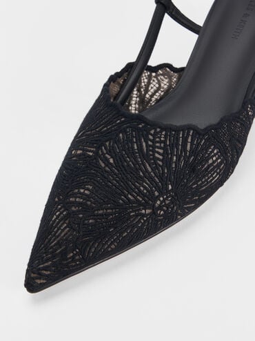 Crochet Floral Pointed-Toe Slingback Pumps, Black Textured, hi-res