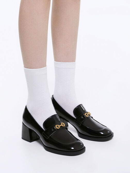 Metallic Accent Block Heel Loafer Pumps, Black Box, hi-res