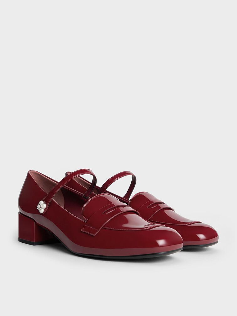 Patent Pearl-Embellished Flower-Buckle Mary Jane Loafers, Maroon, hi-res