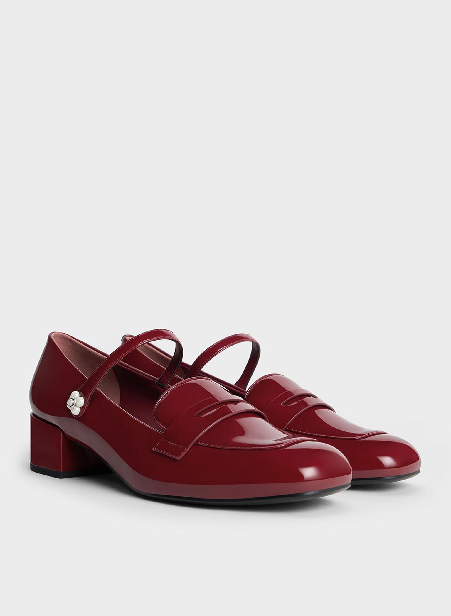 Patent Pearl-Embellished Flower-Buckle Mary Jane Loafers, Maroon, hi-res