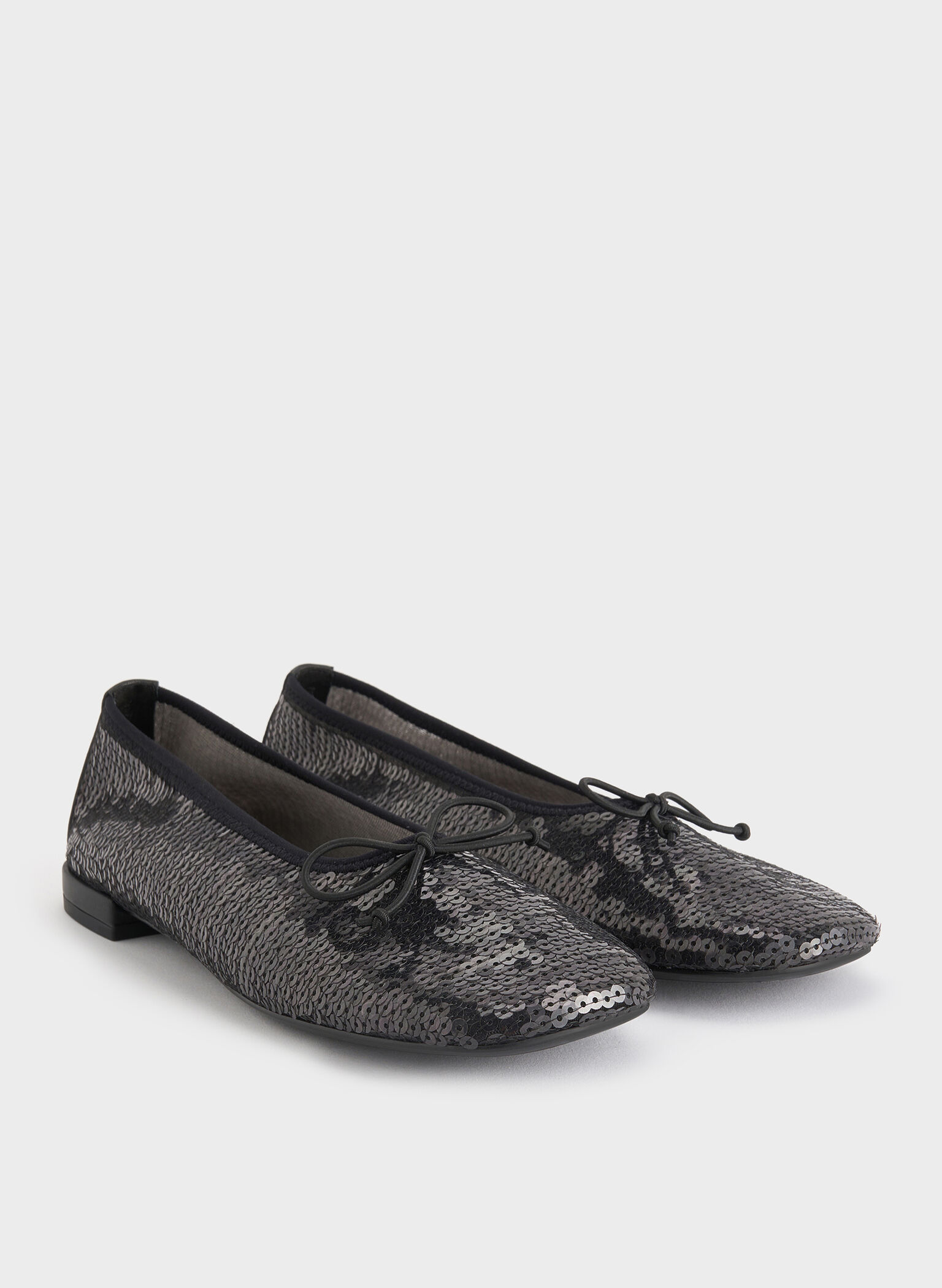 Sequin Mesh & Leather Bow Ballet Flats, Black Textured, hi-res