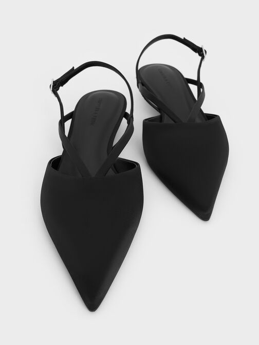 Satin V-Strap Pointed-Toe Slingback Kitten Heels, Black Textured, hi-res