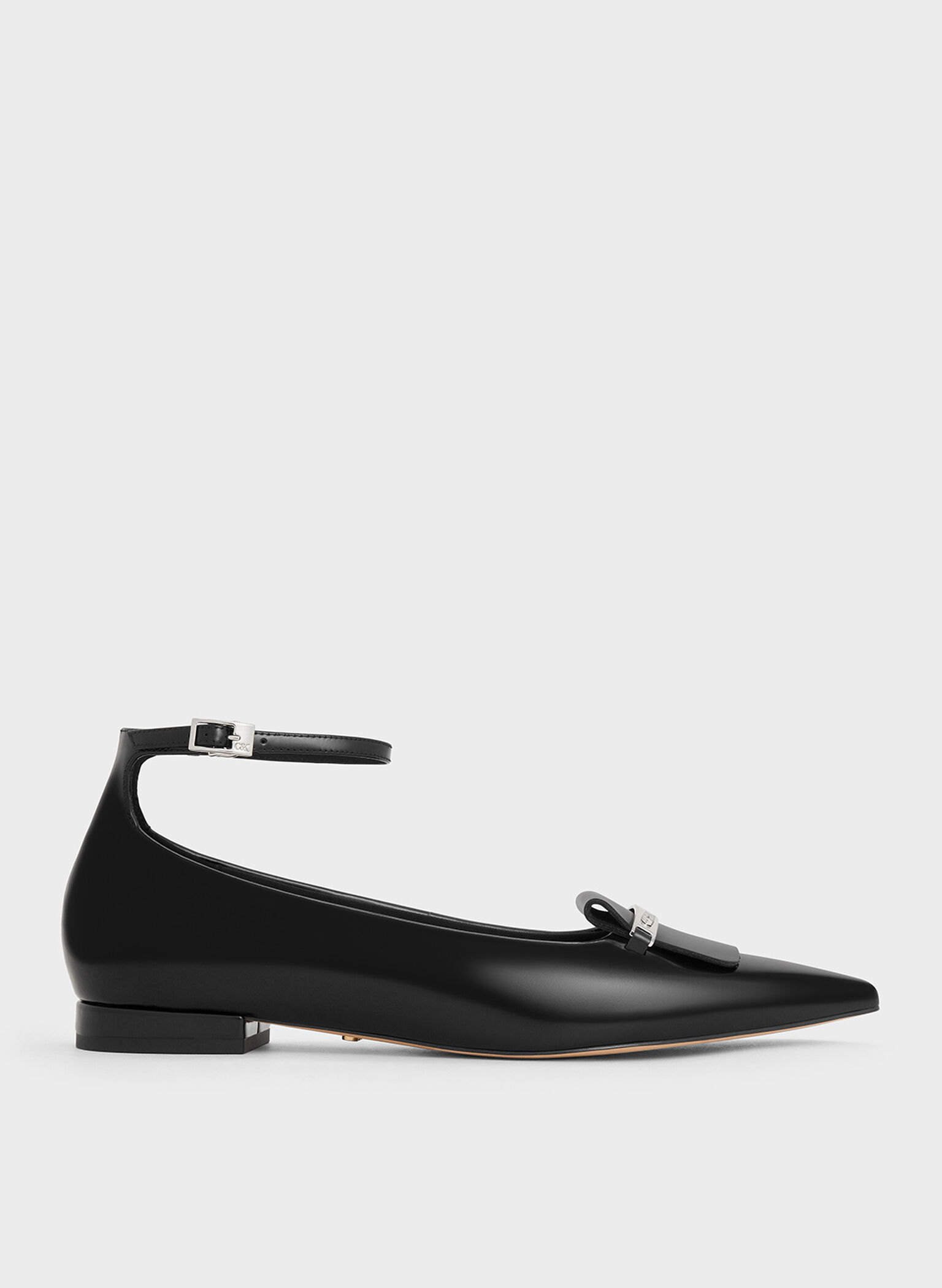 Leather Metallic-Accent Pointed-Toe Ankle-Strap Flats, Black Box, hi-res