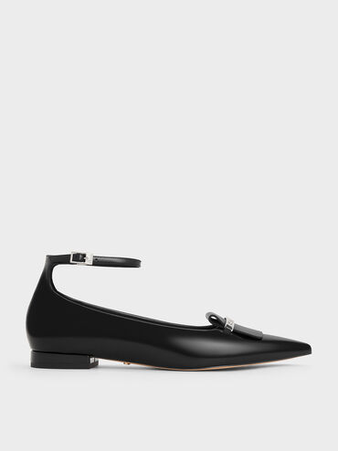 Leather Metallic-Accent Pointed-Toe Ankle-Strap Flats, Black Box, hi-res