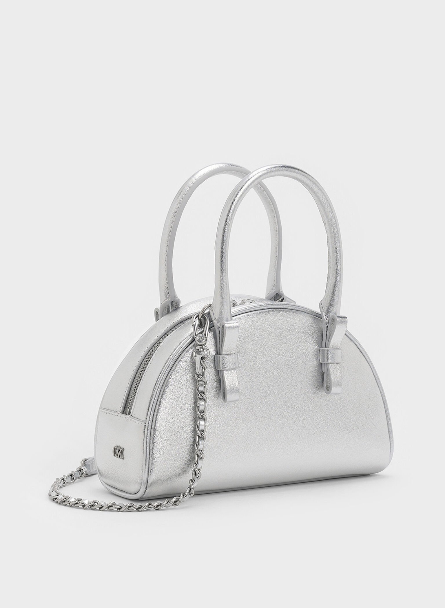 Leather Half-Moon Bowling Bag, Silver, hi-res
