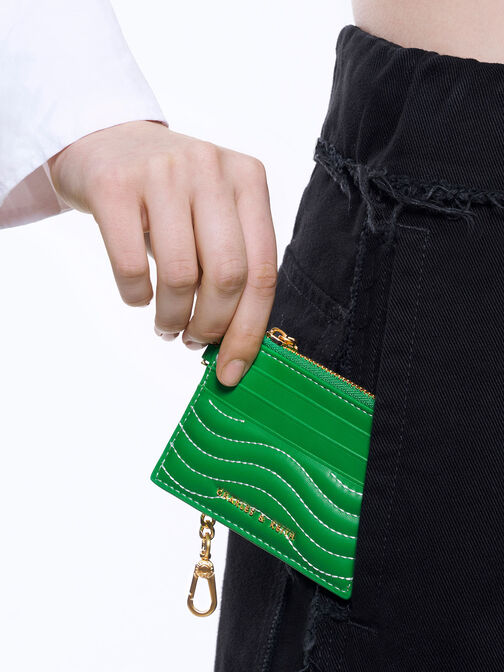 Aubrielle Stitch-Trim Zip Card Holder, Green, hi-res
