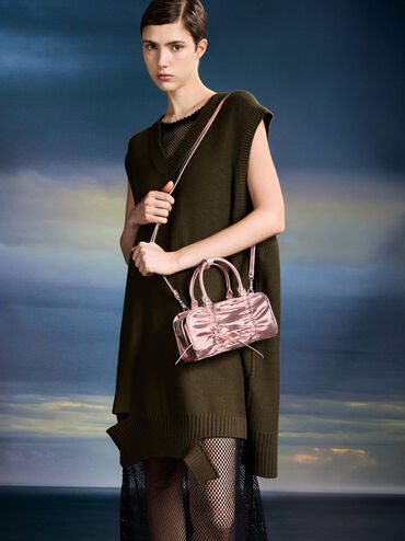 Kadee Metallic Ruched Bow-Charm Bowling Bag, Aura Pink, hi-res