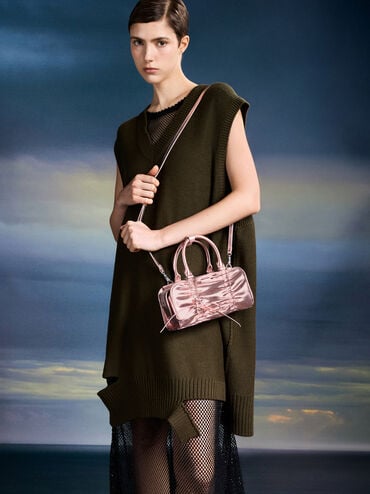 Kadee Metallic Ruched Bow-Charm Bowling Bag, Aura Pink, hi-res