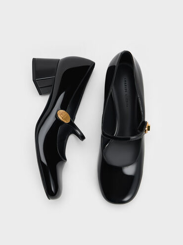 Hettie Patent Metallic-Buckle Block-Heel Mary Janes, Black Patent, hi-res