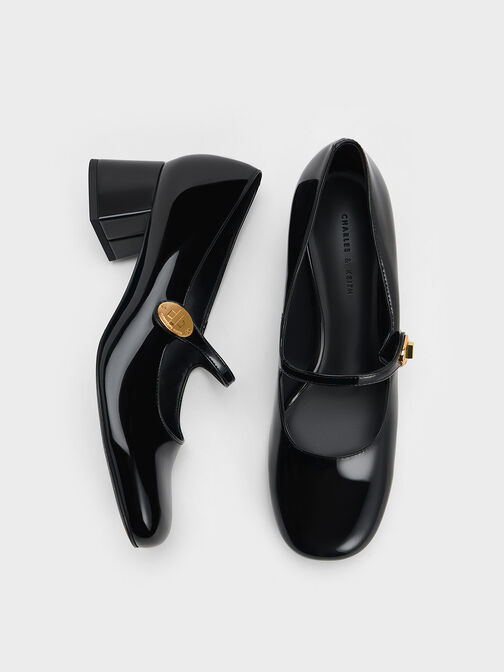 Hettie Patent Metallic-Buckle Block-Heel Mary Janes, Black Patent, hi-res