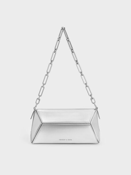 Nasrin Metallic Geometric Chain-Handle Shoulder Bag, Silver, hi-res