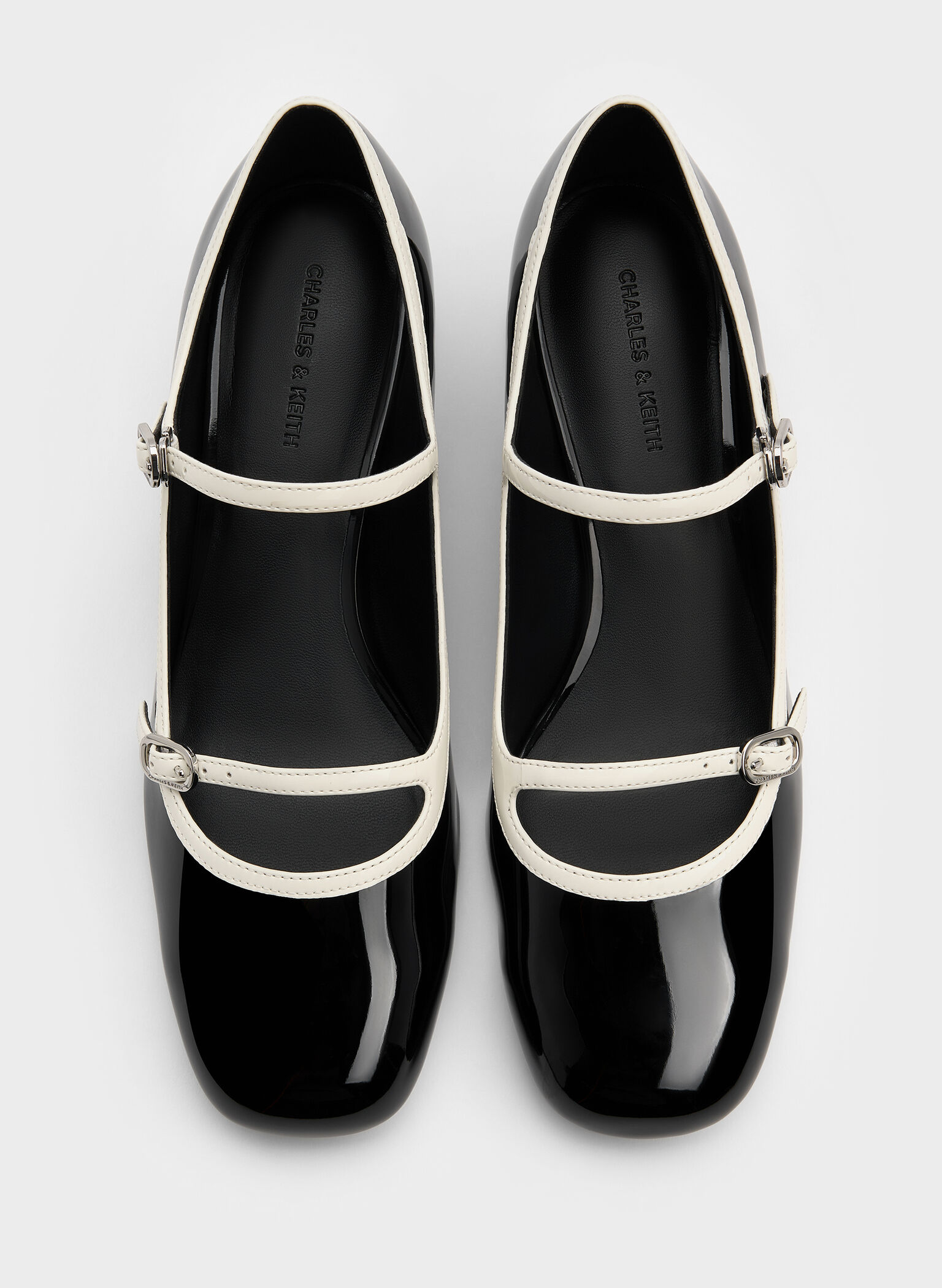 Patent Contrast-Trim Double-Strap Mary Jane Pumps, Black Patent, hi-res