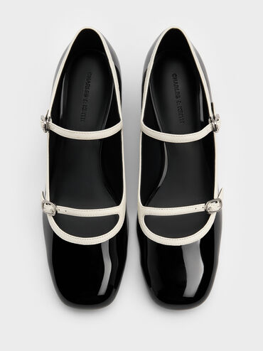 Patent Contrast-Trim Double-Strap Mary Jane Pumps, Black Patent, hi-res