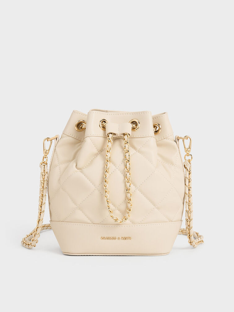 Quilted Two-Way Bucket Bag, Beige, hi-res